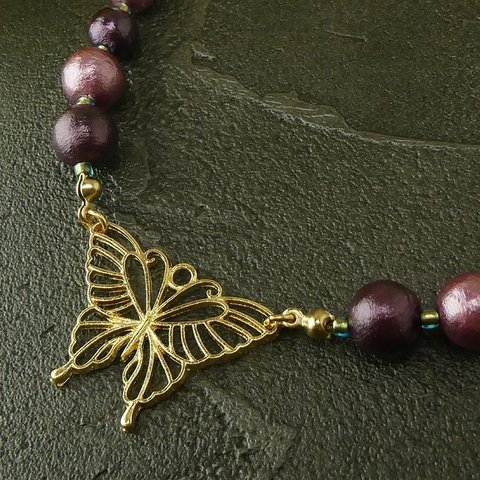 コットンパール羽織紐「秋の蝶」　軽い　羽織紐　帯飾り　きれい目　コットンパール　紫　蝶々　チョーカーにも