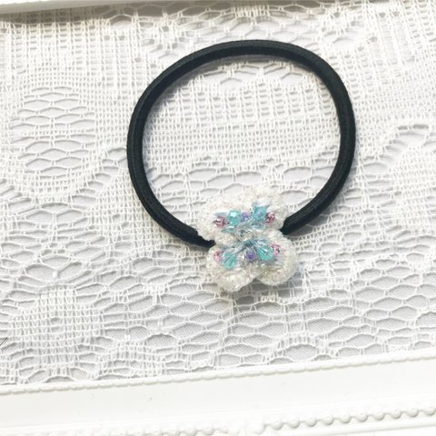 お花刺繍ヘアゴム(ホワイト×パステル)