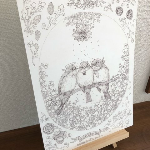 塗り絵・インテリア・鳥とうさぎと植物とファンタジーな絵・6枚セット