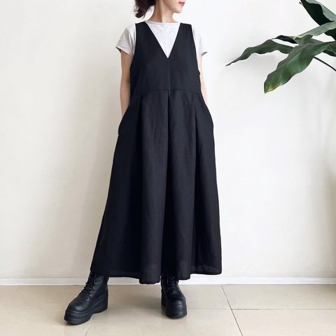 サロペットスカート/ジャンパースカート Cotton Linen Black