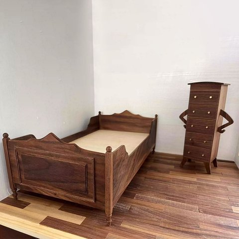 ミニチュア家具 木製 ベッド クルミ 桜材 ドール用 1/6サイズ ドールハウス