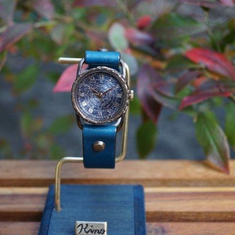 クラック ワールド ローマ Sサイズ　真鍮 ブルー コスモ 　手作り腕時計