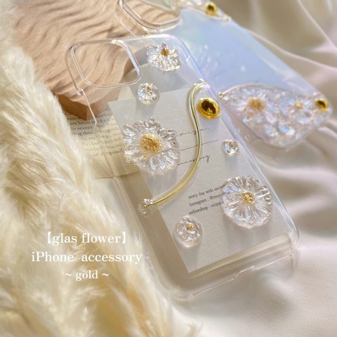 【 ガラス フラワー】 花 透明 クリア 韓国 ニュアンス  iPhoneケース  ~ ゴールド  ~　iPhone11  iPhone12  iPhone13  iPhone14