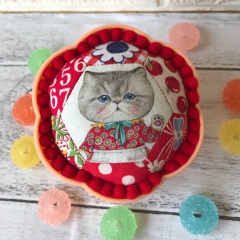 ハンドメイド 蓋付きピンクッション 針山 コヤンイサムチョン ネコ 猫 