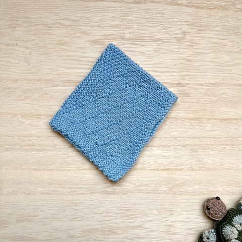 手編み　ハンカチ　かざぐるま　コットン×シルク　青