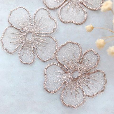 4枚【ef1-1-L】　ベージュ  刺繍 　花　フラワーパーツ  　オーガンジー　レース 