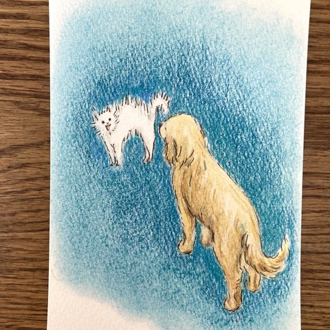 大きな犬と小さなネコ　原画　額入り