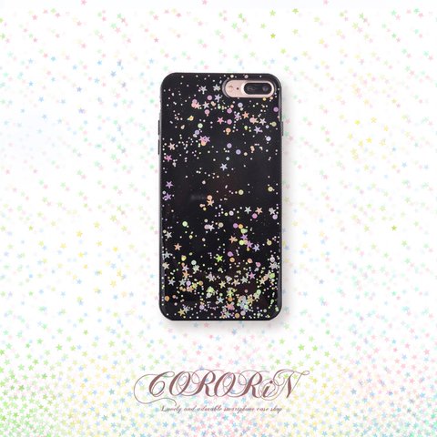 【iPhone14シリーズ対応】星ラメホログラム <ブラック×カラフルスター>(SPCa0139Bcol)◆スマホケース/iPhoneケース