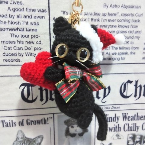 黒猫のハートクリスマス*ストラップ