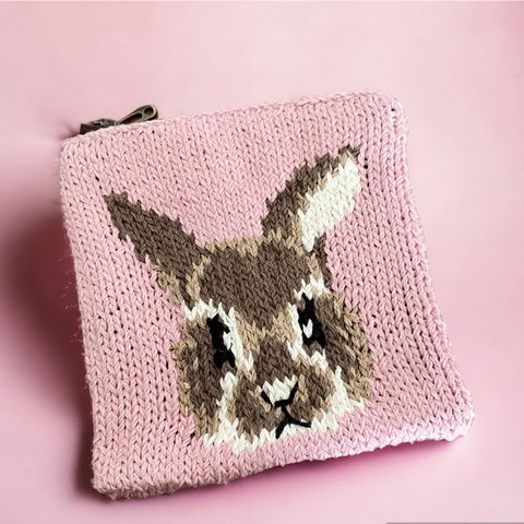 手編みのうさぎさんミニポーチ/ピンク