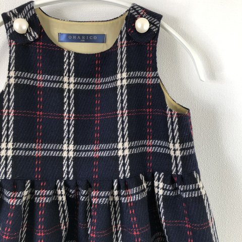 【100】紺に赤白チェック/大きなパールボタンのよそゆきワンピース【ネイビー/子ども服】