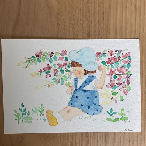 「萩の花」水彩画イラスト　ポストカード　女の子