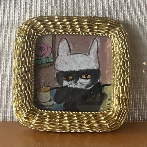 絵画。原画【ウサギの帽子をかぶった黒猫は熱いコーヒーを飲んでいる】