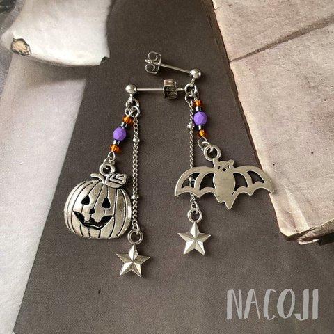 【完売】ハロウィンかぼちゃとコウモリの揺れるピアス🎃🦇