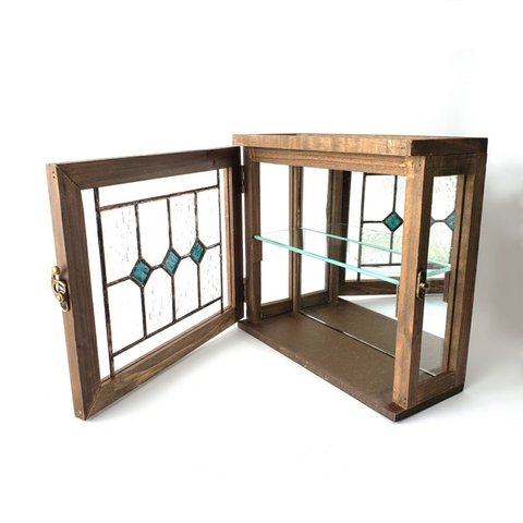 ステンドグラス　アンティーク調ガラス窓つき・ミラーつき　木製ミニキャビネット　スクエアー　グリーンブルー