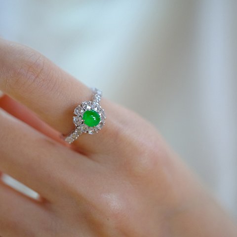 23-29 受注製作 k18金 天然 ミャンマー産 本翡翠 リング 指輪 爪留め ダイヤモンド