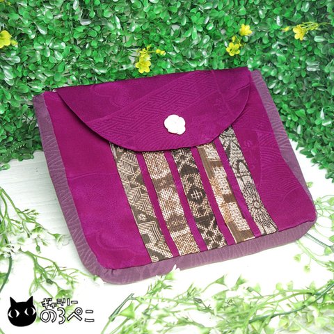 古布大島紬と紫正絹着物地のふた付きポーチ　aa001-82