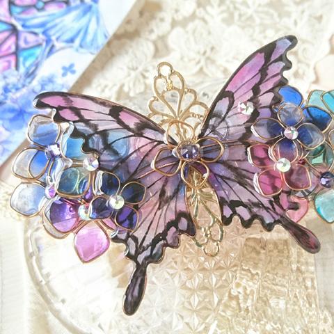 （A）（8 cm金具）命の蝶と紫陽花のバレッタ（Hair ornaments 「life of butterfly」& hydrangea）