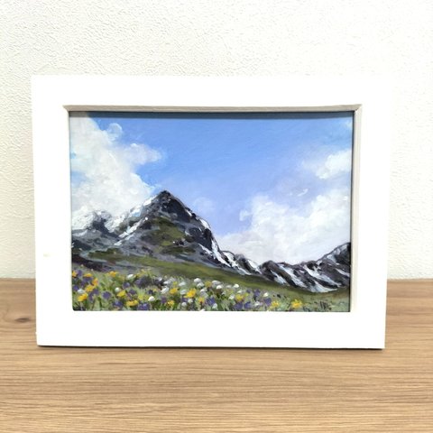 油彩　原画　『春の雪山』　額縁付き　2L判サイズ