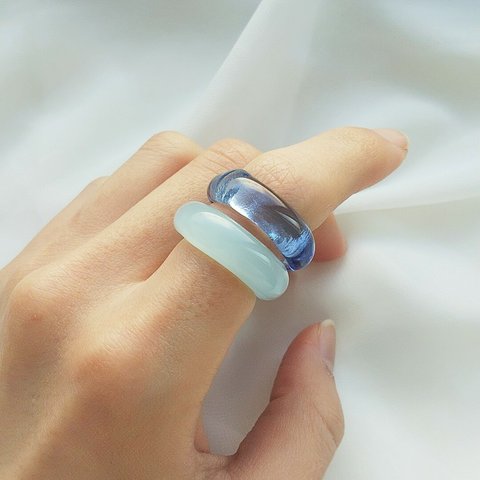 とろけるネイビー  ダブルガラス リング   glass ring