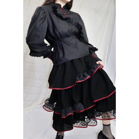 original gather design skirt black meikeiin handmade original design Stage costume