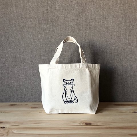 【はちわれ】貓-nyaA- 刺繍 ミニトート　内ポケット付き　オーガニックコットン　ランチバッグ／お弁当バッグ