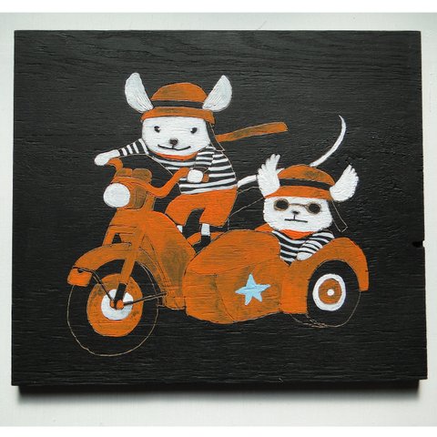 ネズミとバイクのウッドバーニングアート 原画 絵画 動物の絵 木雑貨 木工 アナログイラスト アクリル画