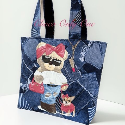 ❤️1点物❣️おしゃれくま🐻ちゃんとワンちゃんでお出かけ❤️トートバッグ👜【545】姉妹品❤️