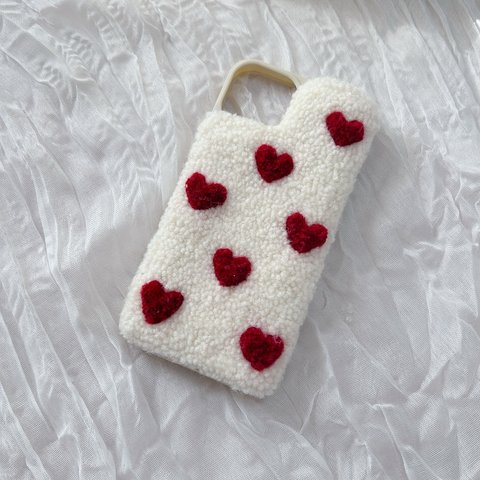 ハートの刺繍スマホケース＊赤