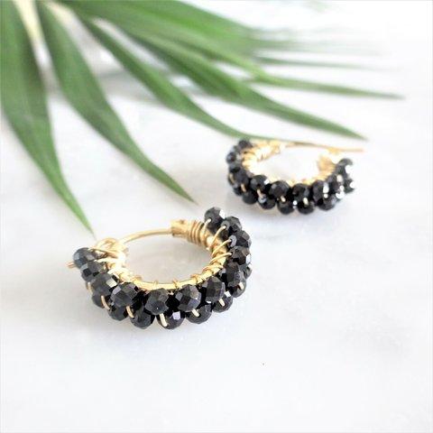 14kgf 宝石質 Black Spinel wrapped pierced earring/earring  フープピアス