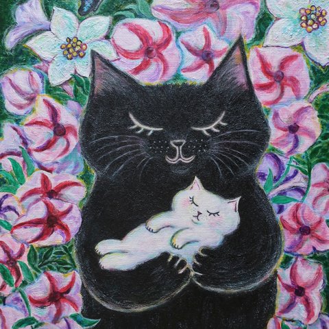 原画 「白い子猫を抱いた黒猫」 F10号  ＃絵画 ＃ねこ ＃黒猫 ＃白猫 ＃猫の絵 #黒猫感謝の日 ＃ペチュニア ＃仔猫  ＃花  ＃アート 