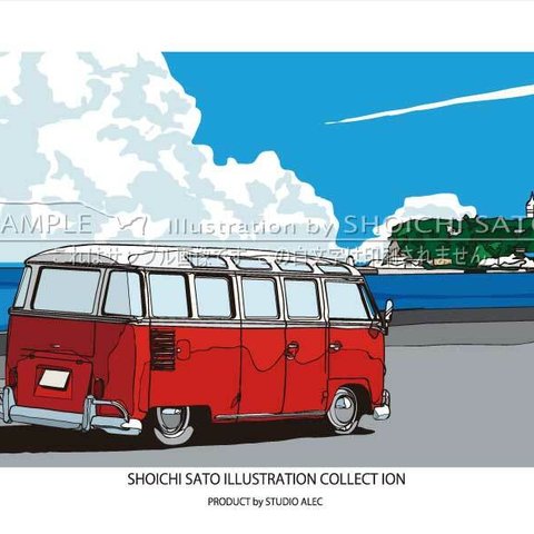 湘南、七里ヶ浜駐車場から江ノ島を見つめるワーゲンバスのイラストポスター（A4サイズ）