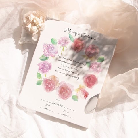 結婚証明書 バラの花の水彩イラスト 誓約書 ウェルカムスペースにも キャンバス