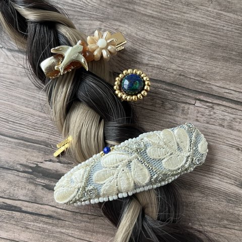 ④インド刺繍リボンのぱっちんピンand天然石のヘアピンand鳩のビジュー風ミニバレッタセット