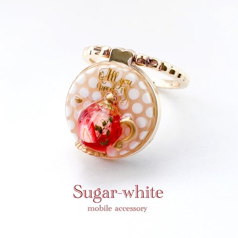 🍓strawberry tea pot mobile ring ❤︎ ティーポット型 ドライフラワー入り スマホリング　バンカーリング  ストロベリーティー ドット柄