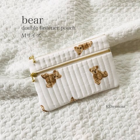 Mサイズ　bear double fastener pouch ダブルファスナーポーチ　ヌビ　マスクケース　くま　通帳