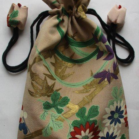 ６７３５　花柄の着物で作った巾着袋　＃送料無料