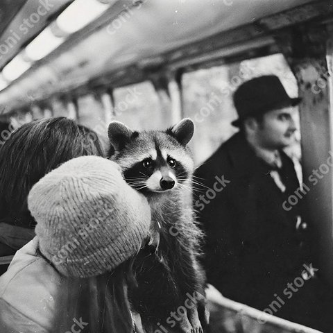 アライグマが人間と一緒に電車に乗っているイメージ、レトロ風写真、アート、古い写真　conistock_35029