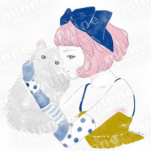 ねこ好きさんおしゃれイラスト　ねことドットとリボン