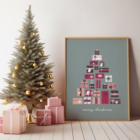 北欧のクリスマスポスター / i1634 / サンタクロースやトナカイ、うさぎ、靴下やプレゼント　インテリアポスター