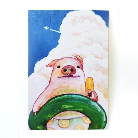 【ポストカード】夏を満喫の豚さん
