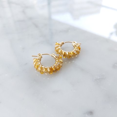 送料無料14kgf Citrine W wrapped hoop pierced earrings フープピアス