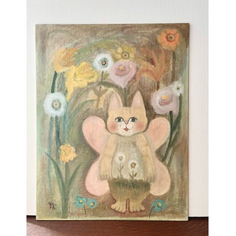 油絵原画作品「花の妖精猫さん」