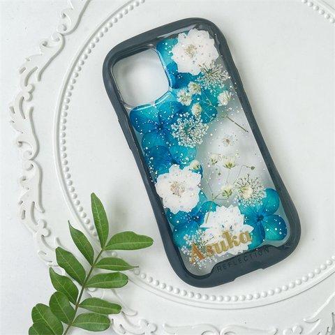 紫陽花、かすみ草、iFace風押し花スマホケース、全機種対応、ストラップホルダ一、iFace風、手帳型、iPhone15、iPhone15Pro、iPhone14、iPhone14Pro