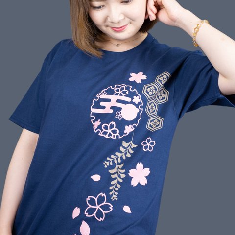 和柄Tシャツ（半袖・紺）桜・紋 Ladys-Mサイズ