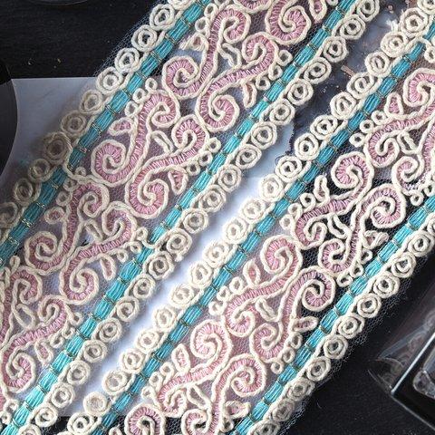 インド刺繍リボン　50㎝入り　スワン　S模様　スパンコール　ビーズ刺繍　チュール　金糸　ピンク　水色　ホワイト　白
