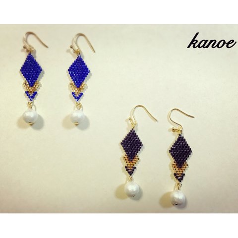 【ひし形３連×上品コットンパール ピアス】＊ROYAL  BLUE＊