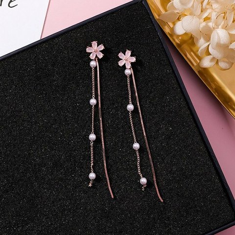 ピアス 桜 さくら サクラ ピンク ロング 揺れる S925 銀ピン 金アレ対応 おしゃれ パール 細い フラワー 花 モチーフ レディース アクセサリー 可愛い