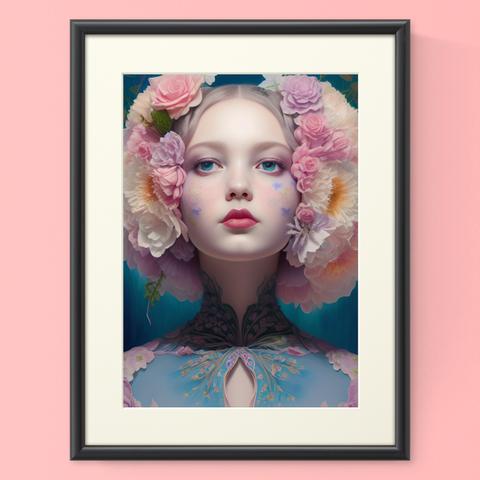 『原画』パステルカラーの花が幻想的でゆめかわいい女の子 グラフィック絵画