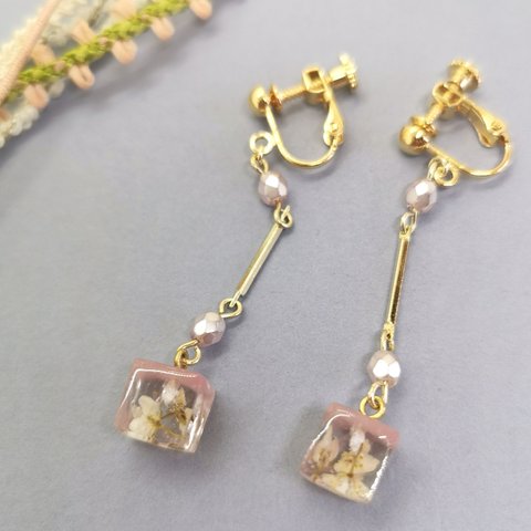 アリッサム　押し花　ゆらゆら　イヤリング　ピアス　アクセサリー